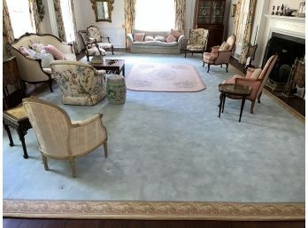 Powder Blue Custom Wool Carpet With Woven Outer Band W Foliate And Diapered Motif, 25ft4inx15ft10in