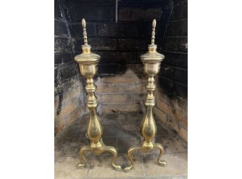 Fireplace Brass Andirons With Scrolled Legs And Urn Turned Finials 18x22in