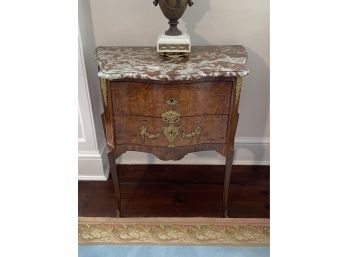 Antique Red Marble Top French Style Commodes Serpentine Two Drawer Side Table Burl Veneer 30x31x17 Lot 2