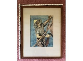 Signed A.B. Ibrahim Water Color, Malaysian Fisherman, Framed, Mated And With Glass, 18.25x23.25in