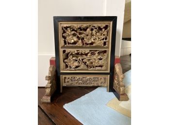 Chinese Table Screen Carved Decorative Wood Used As Door Stop Lot 2, 14.5x7x15in