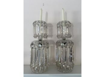 Pair Of 19th Century 2 Tier Cut Glass Lustres 18in Pendant Prism Candlestick Holders