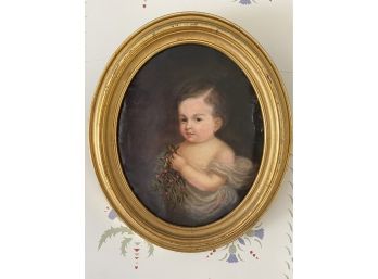 Circa 1840 Portrait Of Child Holding Flowers Oil On Canvas 22x26in