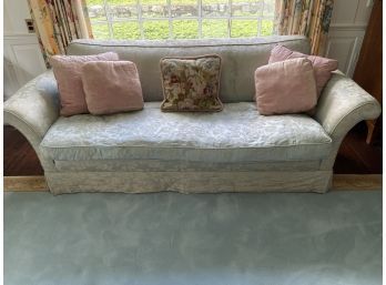 Vintage Large Sofa With Outcurving Arms And Single Down Cushion 7ft3inx3ftx32in Ice Blue Brocased Upholstery