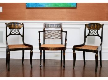 Trio Of Hand Painted Ebonized Chinoissier Cane Chairs