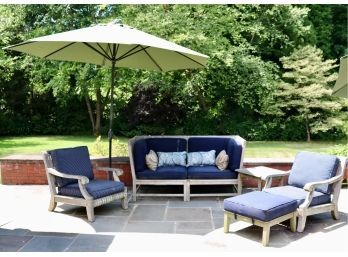 Combination Of Smith & Hawken Pottery Barn And Gloster Teak Wood Outdoor Furniture With Umbrella