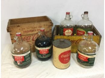 5 Vintage Coca Cola Syrup Bottles & Wood Crates.
