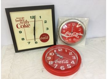 3 Coca Cola Clocks, Plastic, One Still Wrapped