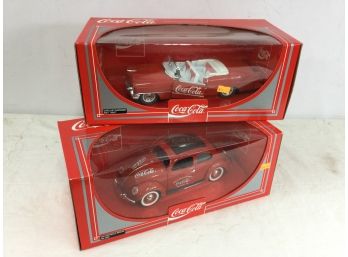 Two Die-Cast Coca Cola Toy Cars, Cadillac Eldorado & VW Coccinelle Berline
