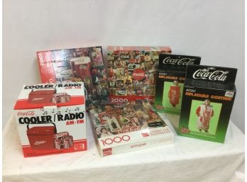 Coca Cola Cooler Radio & 2 Inflatable Coca Cola Costumes Plus 3 Puzzles