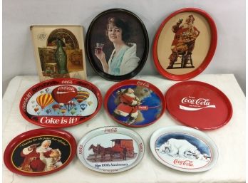 9 Coca Cola Serving Trays, Oval, Round, Metal, One Plastic