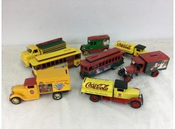 8 Coca Cola Die Cast Banks, Various Trucks, Trolleys