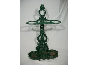 Very Nice Victorian Style Cast Metal Umbrella Stand - Hunter Green Paint W/Liftout Tray