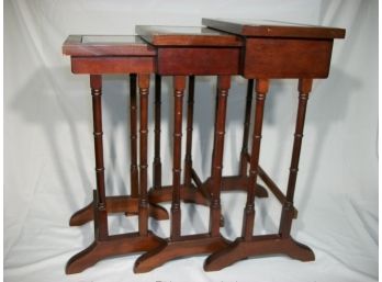Gorgeous Vintage 'Faux Bamboo' Mahogany Nesting Tables W/ Beveled Glass