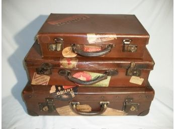 Three Antique Leather Suitcases Cases  / Great Labels & Patina