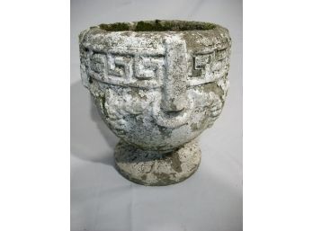Absolutely Incredible Patina ! - Greek Key Cement Urns Old Paint & Green Moss