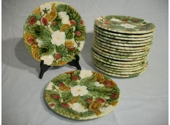 18 Vintage Majolica Plates Falence  - Made In France - Strawberries / Flowers
