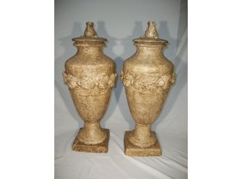 Pair Huge Terracotta Lidded Urns - Very Heavy - Made In Italy - LARGE !