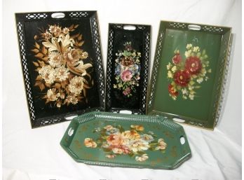 Nice Collection Of Four Vintage Handpainted Tole Trays - Very Decorative !