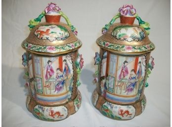 Two Beautiful Chinese 'Famille Rose'  Lidded Jars - W/Marked As Shown