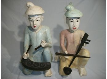 Two Vintage Carved Wood Asian Or Indian  Figures Of Musicians   - Original Paint