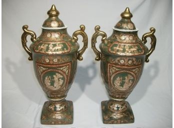 Elegant Pair Of Green / Gold Tall - Urns Hand Painted Decoration