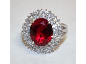 New Sterling Silver 925 & Faux Ruby/Rhinestone Ladies Cocktail Ring Size 7