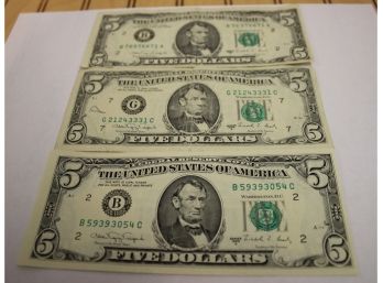 Three 1988A United States Federal Reserve $5 Five Dollar Bills