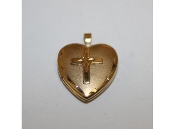 Adorable Vintage 14K Yellow Gold Brushed/Etched Heart Shaped Locket W/Etched Cross Pendant ONLY
