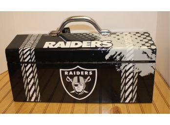 NFL Oakland Raiders Team Design Metal Tool Box W/Tray And Assortment Of Tools