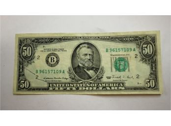1986 United States Federal Reserve $50 Fifty Dollar Bill B96157109A