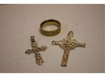 Two Vintage Sterling Silver 925 Cross Pendants & Gold Tone Steeltime Gold Tone Stainless Men's Ring