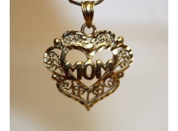 Lovely 14K Yellow Gold 'MOM' Heart Shaped Pendant Only