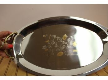 INOX 18/10 AR CAS Oval Floral Stainless & Gold 16' X 9' Serving Tray