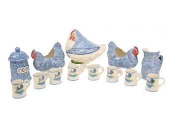 Vintage N.S. Gustin Co Handpainted Blue Stipple Hen Tableware Set 13 Pieces