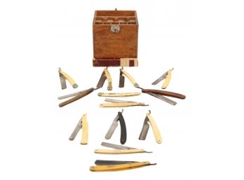 Vintage Barber Wood Case With Straight Blade Collection