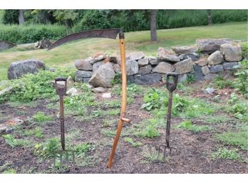 Antique Agricultural Tools 2 Pitchforks And A Scythe