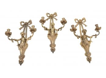 Vintage Trio Of Solid Brass Candlestick Sconces