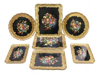 Set Of 6 Hand Painted Lacquered Trays Made In Italy