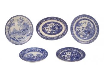 Variety Of 5 Vintage Blue And White Plates With Markings