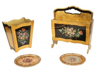 Bloomingdales Italian Gold Hand Painted Floral Magazine Rack Waste Basket Plus Trays