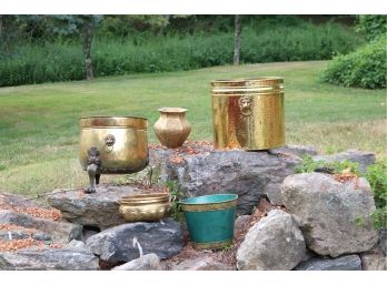 Set Of 5 Assorted Brass Planters