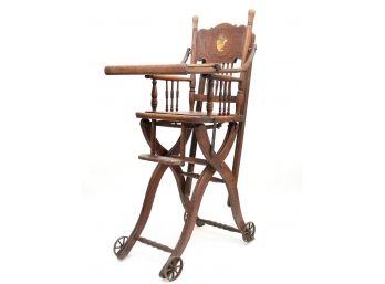 Antique Victorian Oak High Chair Stroller