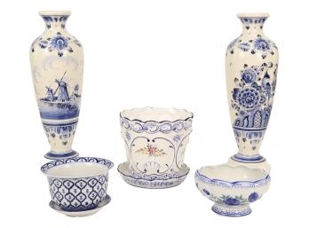 Set Of 2 Blue And White Ceramic Decorative Delfts Vases Plus 3 Marked Bowls