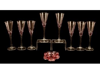 Lenox Pink Glass Champagne Flutes With Pink Glass Ashtray