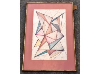 Mid Century Modern Abstract Geometric Prisms Drawing Signed LAG