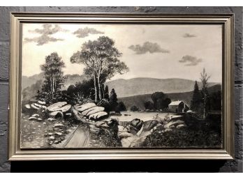 Vintage Black And White Oil On Canvas Landscape