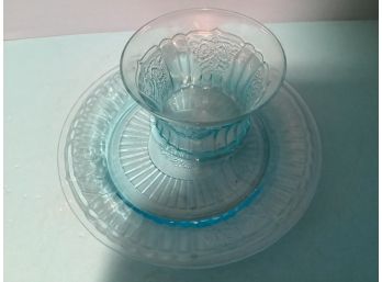 Vintage Depression Era Colonial Blue Dessert Bowl And Under Plate