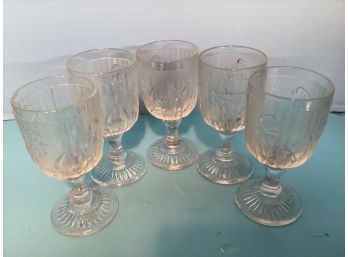 Vintage Jeanette Glass  Iris & Herringbone Footed Set Of Five (5) Cordial Glasses