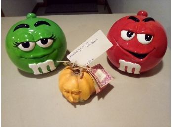Circa 2002 Red/Green M&M Cookie Jars And 2010 Resin Pumpkin (face) A Curious Garden By Ellen Gomoll   E4